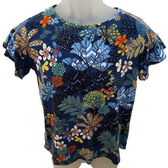 LOFT Blue Multicolor Floral Ruffle Sleeve Blouse Women S Small - Picture 1 of 5